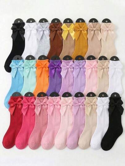 1/6 Pairs Random Color Bow Tie Long Socks, Girls Princess Style Knee High Socks, Summer Essential & Holiday Must-Have