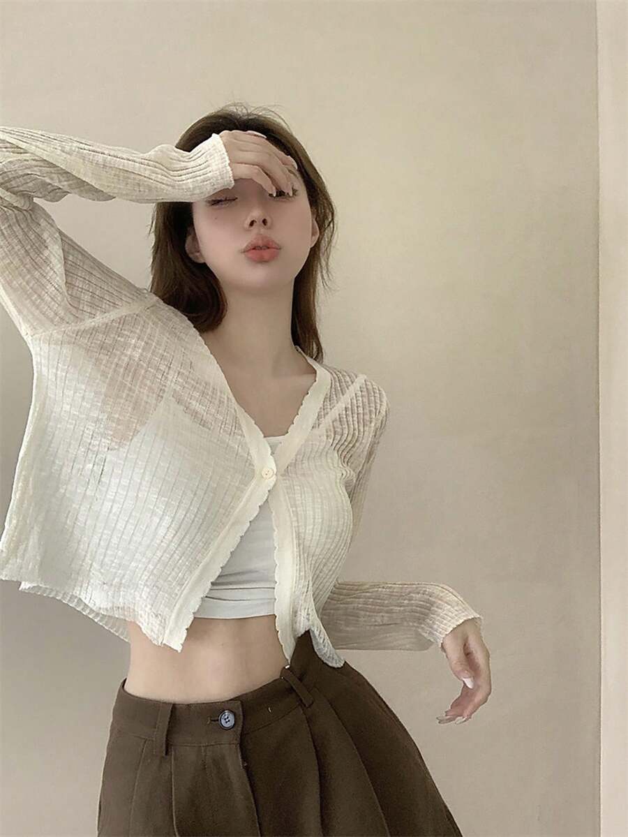 Korean Style Gentle & Sweet V-Neck Single Button Thin Cardigan, Spring/Summer White - White - View 1