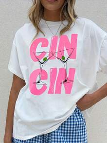 Cin Cin Printed Short Sleeve T-Shirt With A Cup Design, Casual Crew Neck Top For Summer And Spring, Women's Clothing [Wilderness] - 白色 - 查看 1