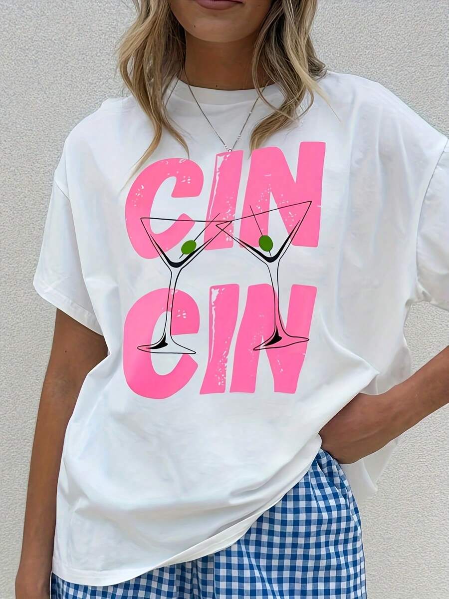 Cin Cin Printed Short Sleeve T-Shirt With A Cup Design, Casual Crew Neck Top For Summer And Spring, Women's Clothing [Wilderness] - 白色 - 查看 1