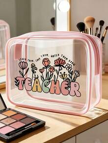 Best Teacher Theme PVC Cosmetic Bag, Zippered PVC Travel Organizer Pouch, Lightweight Fade-Resistant Gift Bag, Convenient Storage Bag, Makeup Bag, TSA-Approved Portable Makeup Case, Easy-To-Wipe Design, Waterproof Toiletry Bag, Suitable For Mothers, Teachers, Friends, Nurses, Office Gifts, Mother's Day Gifts, School Holiday Travel Essentials Bag, Back To School Supplies, Graduation Gifts - Multicolor - View 2