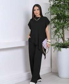 Women's Set: Blouse + Asymmetrical Wide-Leg Pants In Seersucker - 2026 , Elegant, Comfortable, Airport Look, São João, Festa Junina - 黑色 - 查看 2