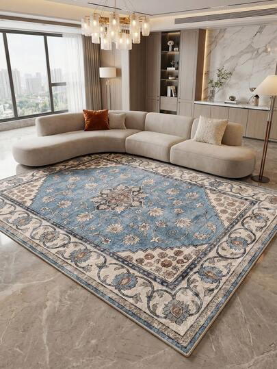 1 pieza Alfombra grande de sala de estar con estampado floral azul, diseño fresco de primavera/verano, textura suave y cómoda, fácil de cuidar, base antideslizante, adecuada para sala de estar, dormitorio, cocina, comedor, entrada, oficina y otras decoraciones del hogar