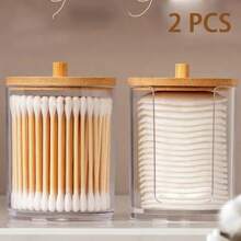 Two Pieces Storage Box For Gaskets, Bathroom Storage Canister, Bamboo-Covered Storage Box Organizer, Multiple-Piece Cotton Swab Box Storage Container. Transparent Cotton Swab Storage Container, Portable Round Container, Durable, Dust-Proof And Moisture-Proof, Suitable For Living Room, Bedroom, Study Room And Bathroom. - 2 Pack - View 3