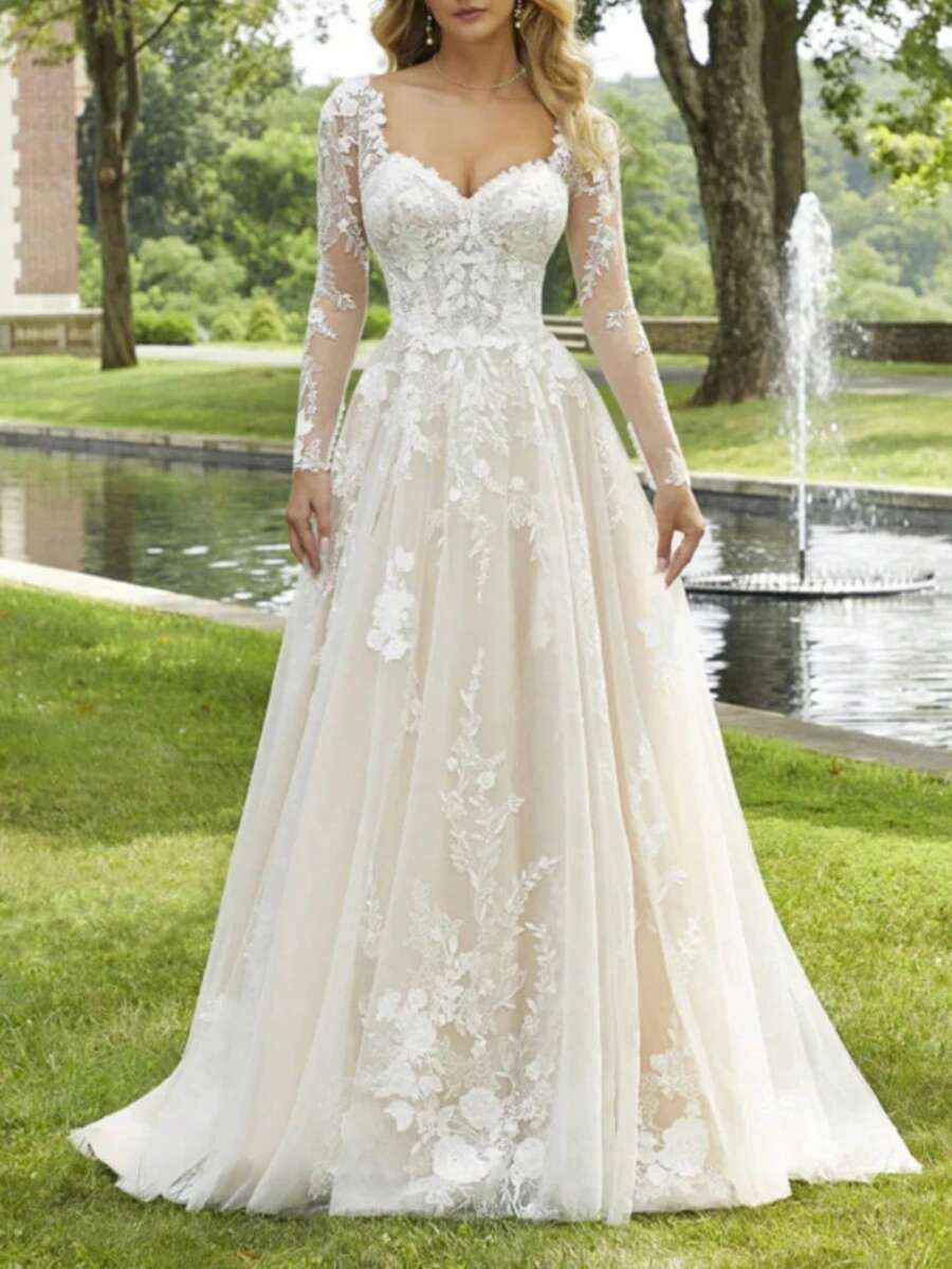 Elegant Sexy Deep V Neck Lace Appliqué A Line Off Shoulder Backless Wedding Dress With Long Sleeves, Registry Office Dresses Bridal Gown, Evening Party Dress Birthday Party Dress Country Wedding,Romantic Church Ceremony Wedding Dress,Suitable For Wedding, Dating, Party, Singles' Party, Vacation, Formal Occasions, Dinner Dress, Prom Dress, Homecoming Dress, Cocktail Party, Wedding Guest Dress, Graduation - trắng - Xem 1