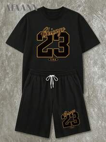Oversized 2PCS Unisex Cotton Summer Women's Vintage '23' Printed Graphic Tee And Shorts Sports Set, Summer Women's Casual Sports Fitness Vacation Breathable Sportswear Outfits & Two-Piece Short Set - 黑色 - 查看 1