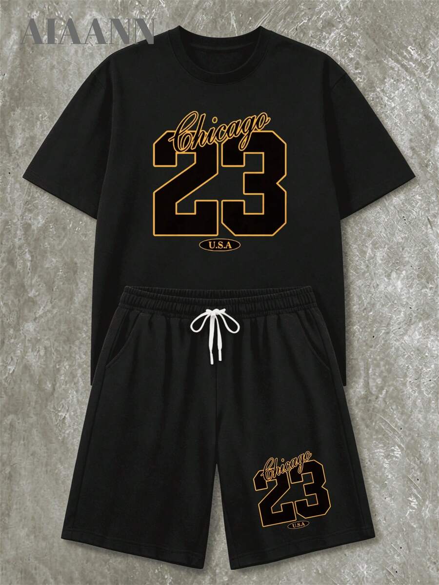 Oversized 2PCS Unisex Cotton Summer Women's Vintage '23' Printed Graphic Tee And Shorts Sports Set, Summer Women's Casual Sports Fitness Vacation Breathable Sportswear Outfits & Two-Piece Short Set - 黑色 - 查看 1