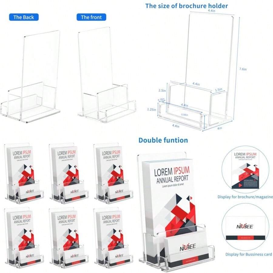 NIUBEE - Paquete de 6 soportes de acrílico para folletos de 4 pulgadas soporte transparente para folletos con soporte para tarjetas de visita de acrílico soporte de exhibición de volantes de plástico para revistas folletos menú revistas tarjetas de visita - Transparente - Ver 1