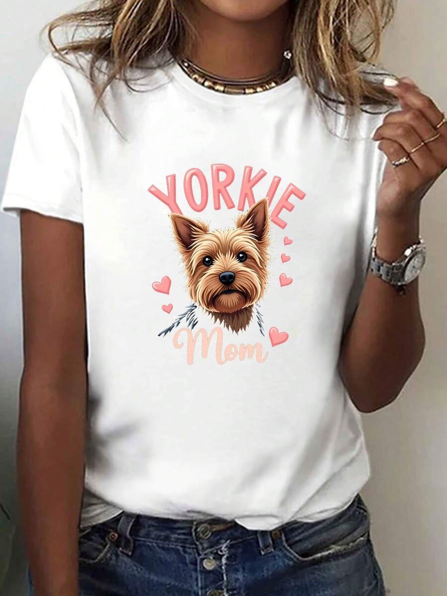 YORKIE Mamá imprimir camiseta, manga corta cuello de tripulación top casual para verano y primavera, ropa de mujer