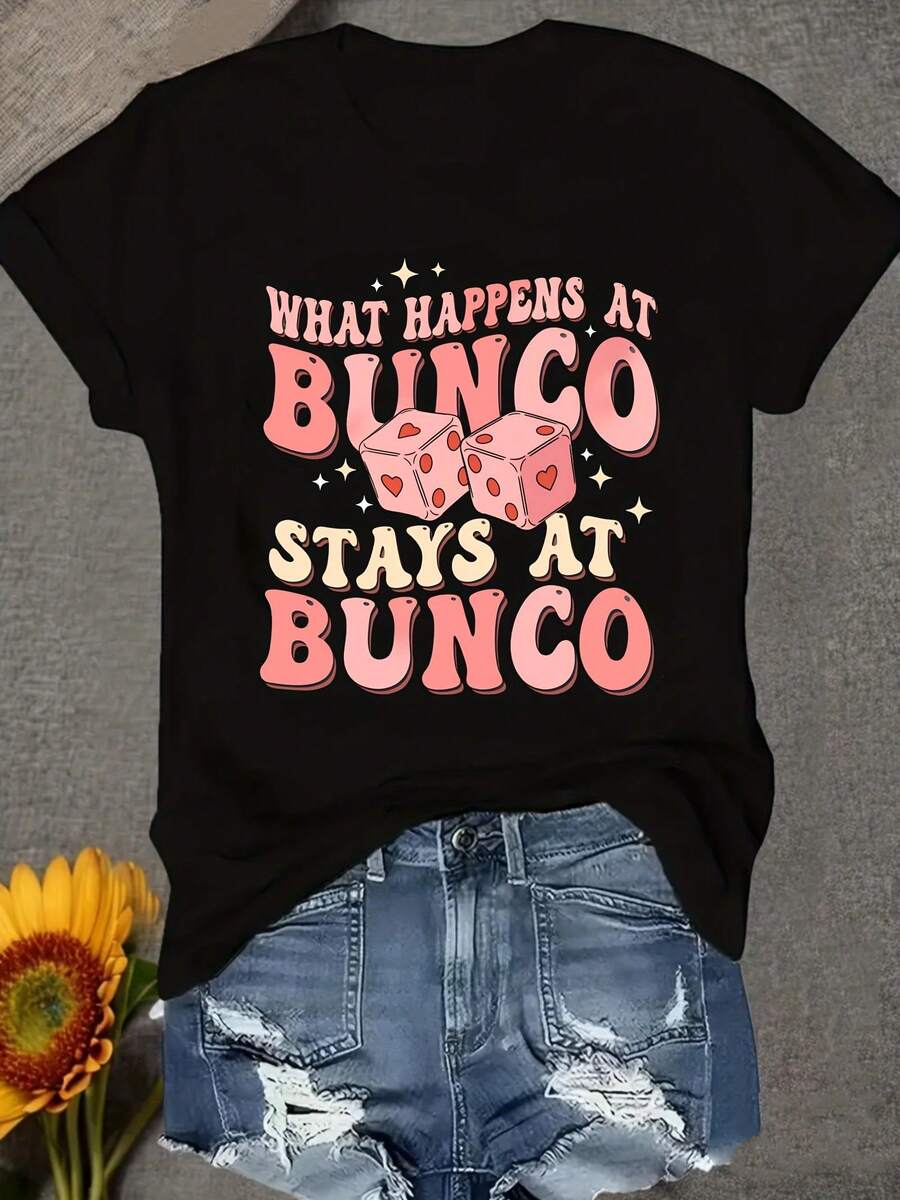 Women's Fun Bunco Party T-Shirt - "What Happened To Bunco, Left By Bunco" Slogan With Dice And Bunco Ball Pattern - Soft Crew Neck Short Sleeve Casual Top For Game Nights, Theme Events And Casual Wear - Comfortable And Breathable For All Seasons - 黑色 - 查看 1