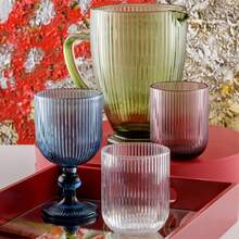 Baroni Home 6er-Set farbige Glasgläser mit geprägten Streifen, 20 cl, elegante, spülmaschinenfeste Gläser, 8 x 8 x 14,5 cm, Blau - Blau - Übersicht 6