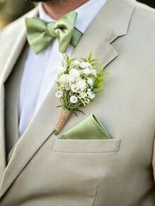 6pcs/1pc White And Green Baby's Breath Groom Boutonniere Set - Handmade Wedding Flowers Suitable For Groom, Groomsmen Boutonnieres For Weddings, Proms, Anniversaries, Homecoming Dances And Country Autumn Occasions - Multicolor - View 1