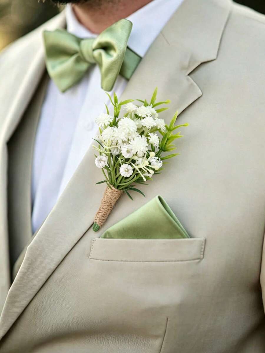 6pcs/1pc White And Green Baby's Breath Groom Boutonniere Set - Handmade Wedding Flowers Suitable For Groom, Groomsmen Boutonnieres For Weddings, Proms, Anniversaries, Homecoming Dances And Country Autumn Occasions - Multicolor - View 1