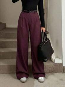 Pantalones plegados elegantes con bolsillos para mujeres maestras, pantalones de otoño/invierno de cintura alta, pantalones de pierna ancha, pantalones sueltos, pantalones holgados, pantalones de negocios profesionales para mujeres, pantalones - Burdeos - Ver 1