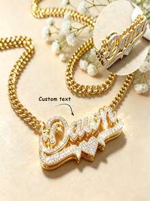 1PC Gold Matte Custom Name Necklace With Double Layered Letters And Small Hearts, Cuban Chain With Customizable Engraved Words, Exclusive Collarbone Chain Made Of Titanium Steel And Stainless Steel Material That Does Not Fade And Is Hypoallergenic, Light Luxury And High-End Feel. - A - View 1