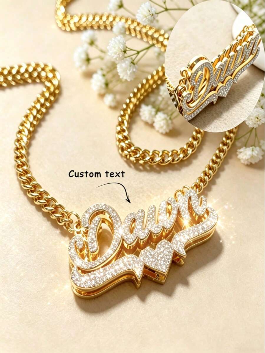 1PC Gold Matte Custom Name Necklace With Double Layered Letters And Small Hearts, Cuban Chain With Customizable Engraved Words, Exclusive Collarbone Chain Made Of Titanium Steel And Stainless Steel Material That Does Not Fade And Is Hypoallergenic, Light Luxury And High-End Feel. - A - View 1