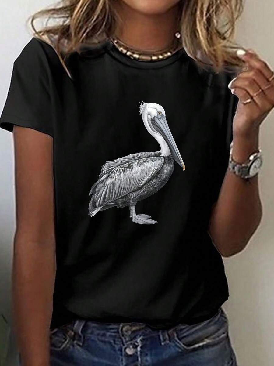 Camiseta negra y blanca con impresión de pelícano de las mujeres - manga corta cuello de tripulación Top casual con estiramiento medio, lavable en máquina, confort de toda la temporada para el verano y la primavera, ropa cómoda, camisa de ajuste relajado, material estirable
