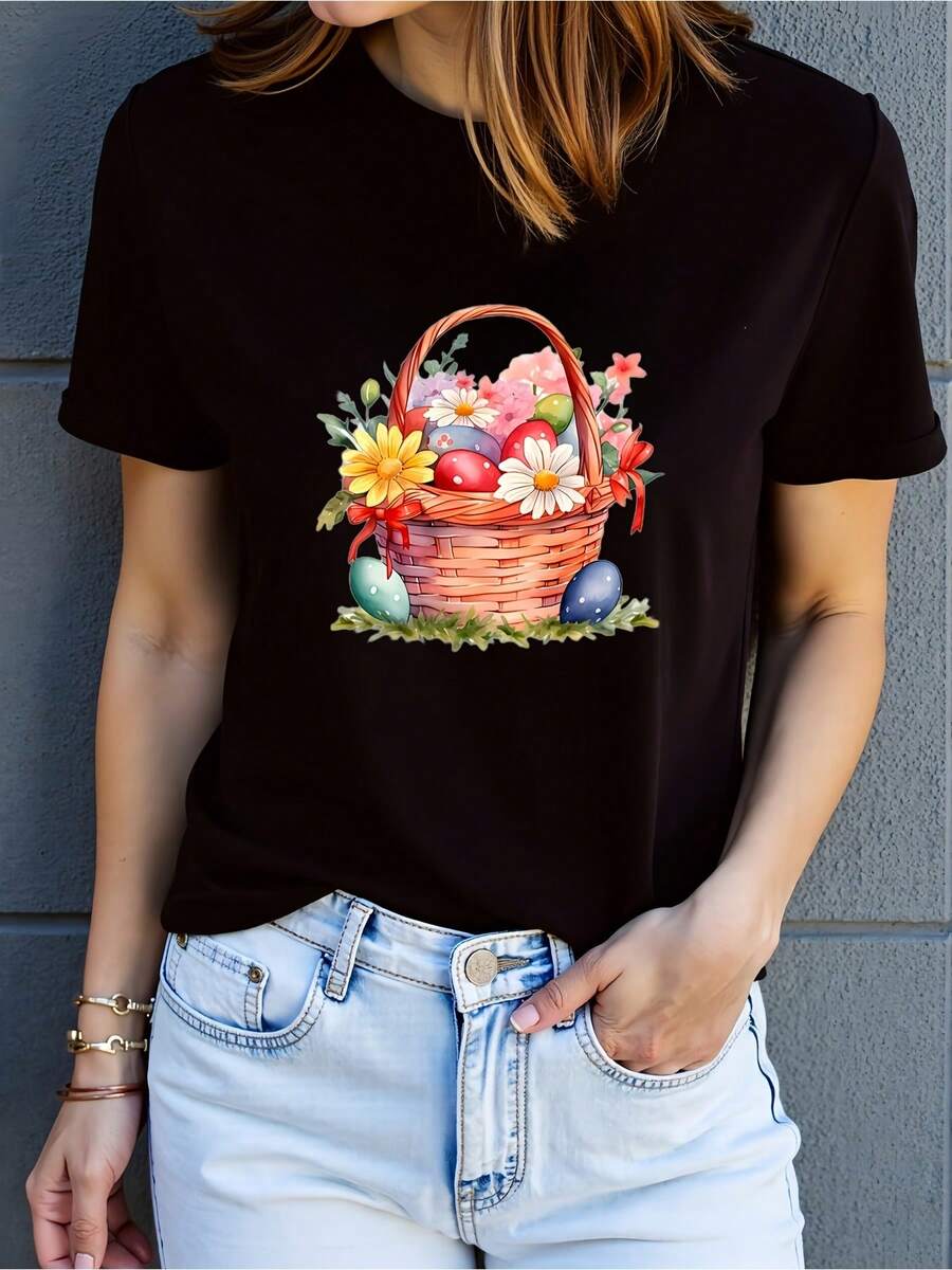 Women and Mens Casual T Shirt Basket Filled with Colorful Easter Eggs and Daisies with Red Ribbons Crew Neck Cute Easter Theme Design