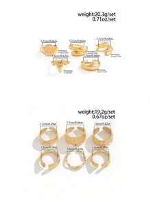 6pcs/Set Vintage Geometric Metallic Gold Asymmetrical Wave Abstract Open Rings, Suitable For Women's Daily And Vacation Decorative Charm Jewelry Set - Yellow Gold - View 10