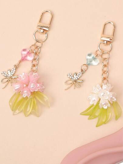 1pc Women's Elegant Green Leaf & Lily Of The Valley Flower Handmade Beaded Tassel Pendant, Rhinestone Butterfly Design, Gentle Keychain/Bag Charm