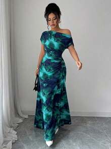Vestido de mujer con estampado minimalista, hombro asimétrico y talle fruncido - Azul - Ver 6