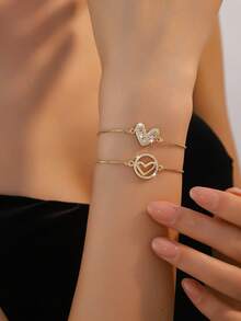 1 chiếc vòng tay điều chỉnh được hình trái tim rỗng, tối giản, thanh lịch, đính đá Cubic Zirconia, thích hợp làm quà tặng cho Ngày Valentine, Ngày của Mẹ, Lễ Eid. - Nhiều màu - Xem 1