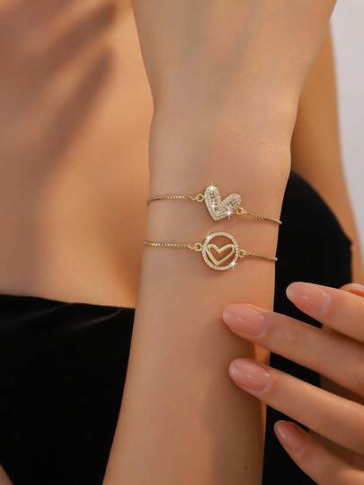 1pc Minimalist Elegant Hollow Heart Shaped Cubic Zirconia Adjustable Pull Bracelet, Gift For Valentine's Day, Mother's Day, Eid