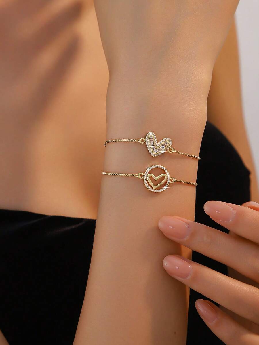 1 chiếc vòng tay điều chỉnh được hình trái tim rỗng, tối giản, thanh lịch, đính đá Cubic Zirconia, thích hợp làm quà tặng cho Ngày Valentine, Ngày của Mẹ, Lễ Eid. - Nhiều màu - Xem 1