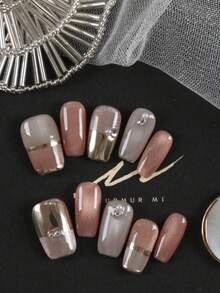 Bộ 10 móng giả dán sẵn, móng tay giả màu hồng mắt mèo, kiểu Pháp vàng, móng ngắn, bộ móng nhân tạo bao gồm 1 tờ keo dán và 1 dũa mini. - Nhiều màu - Xem 1