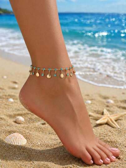 1pc Fashionable, Sexy, Elegant Vintage Boho Sea Conch Crystal Tassel Anklet, Suitable For Women's Daily Casual, Party, Music Festival, Beach Holiday Wear