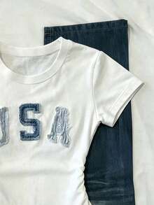 Camiseta de manga corta con pliegues casual para mujer, versátil para el verano - Blanco 2 - Ver 5
