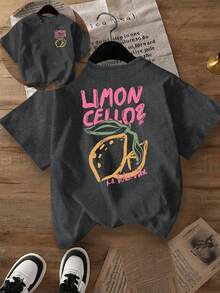 Plus Size Women's Casual Lemon Print Round Neck Short Sleeve T-Shirt, Suitable For Spring, Summer, Autumn, Vacation - Dark Grey - View 7