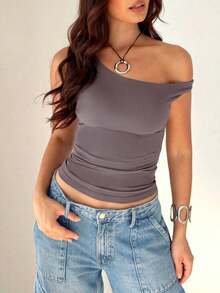 Blusa de verano de color liso, de hombro oblicuo y manga corta para mujer - Púrpura polvoriento - Ver 5