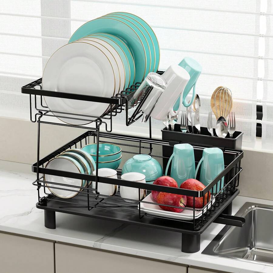 2-Tier Stainless Steel Countertop Dish Rack With Drain, Small Dish Rack With Utensil Holder, Suitable For Singles, Couples And Small Families. - Specification - View 1
