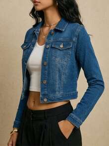 Chamarra mezclilla stretch manga larga estilo grunge urbano look casual lavado medio clásico - Azul lavado oscuro - Ver 3
