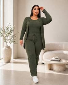 Women's Plus Size 3-Piece Knit Set For Winter: Cardigan, Tank Top, Jogger Pants, Black, Brown, Wine, Gray - Winter Fashion 2026 - xanh quân đội - Xem 3