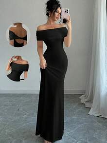 Vestido de fiesta con hombros descubiertos, vestido midi ajustado sexy sin mangas para mujer, vestido de cóctel elegante con vendaje para salir por la noche - Negro - Ver 4