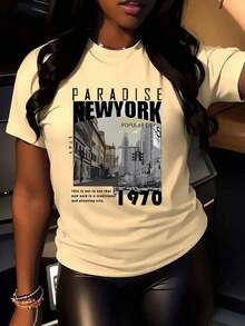 Camiseta de Mujer con Estampado Retro de Nueva York - Camiseta Ligera de Poliéster, Escena Urbana de Paradise NYC (Skyline de los años 70), Color Beige Claro y Diseño Retro, Adecuada para Uso Diario u Ocasiones Especiales - Camiseta Casual Lavable a Máquina, Camiseta Retro, Camiseta para Todas las Temporadas, Moda Nostálgica, Tela Medio Elástica, Estilo Urbano, Material Transpirable, Camiseta de Cuello Redondo, Esencial para Amantes de la Moda, Ropa Holgada y Cómoda para Primavera, Camiseta Unisex de Algodón de Manga Corta con Cuello Redondo, Estilo Urbano Vintage para Verano. - Albaricoque - Ver 6