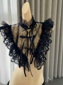 Gothic Style Angel Wings Lace Detachable Collar, Adjustable Ribbon, Elegant Black Lace Decorative Collar With Ruffled High Neck, Angel Wings Embroidery Sheer Mesh, Suitable For Daily Wear, Party, Holiday - Black - View 8