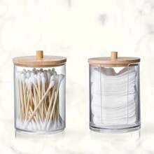Two Pieces Storage Box For Gaskets, Bathroom Storage Canister, Bamboo-Covered Storage Box Organizer, Multiple-Piece Cotton Swab Box Storage Container. Transparent Cotton Swab Storage Container, Portable Round Container, Durable, Dust-Proof And Moisture-Proof, Suitable For Living Room, Bedroom, Study Room And Bathroom. - 2 Pack - View 6