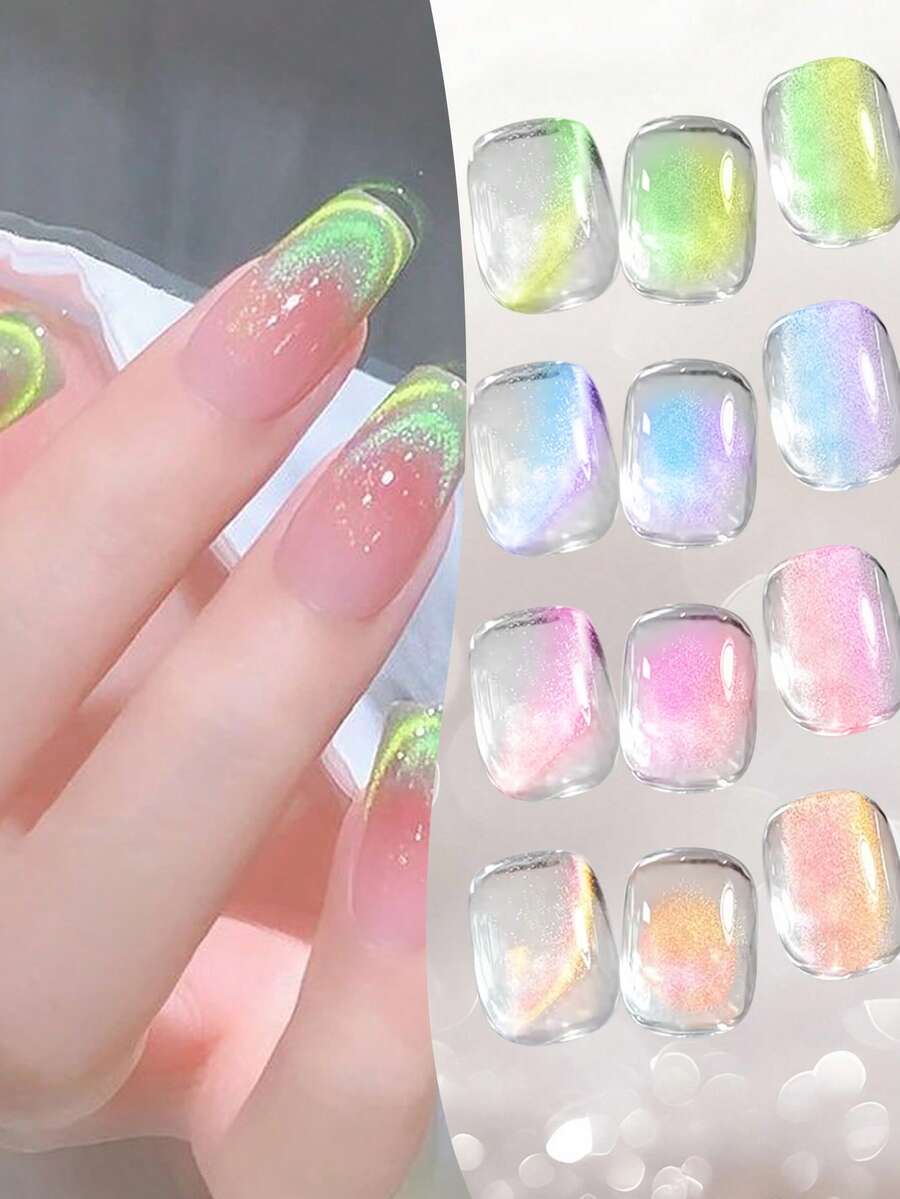 VOKY 7件套夏季双韵律多巴胺猫眼凝胶指甲油套装，易于涂抹，持久闪亮，带磁铁，UV/LED灯，DIY美甲设计，适合美甲沙龙，时尚潮流美甲