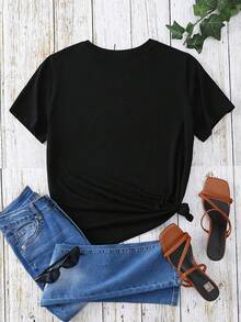 Floral And Feather Print T-Shirt, Casual Short-Sleeved Round-Neck T-Shirt For Spring & Summer, Women's Clothing - Women's T-Shirt - Black - View 3