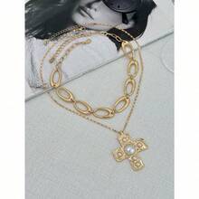 2pcs Sweet & Edgy Double Layer Necklace Set, Pearl Cross Metal Pendant Necklace, Suitable For Holidays Gift, Sweet & Chic Girl Daily Accessory - 金色 - 查看 5
