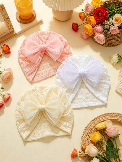 3pcs/Set Multicolor Infant Beanie Hats, Double-Layer Bow Design, Super Soft Mesh, Elastic, Breathable, Suitable For All Seasons, Great Gift, Adorable For Baby Photos, Casual, Home, Vacation, Sports, Retro, Elegant, Collegiate Style
