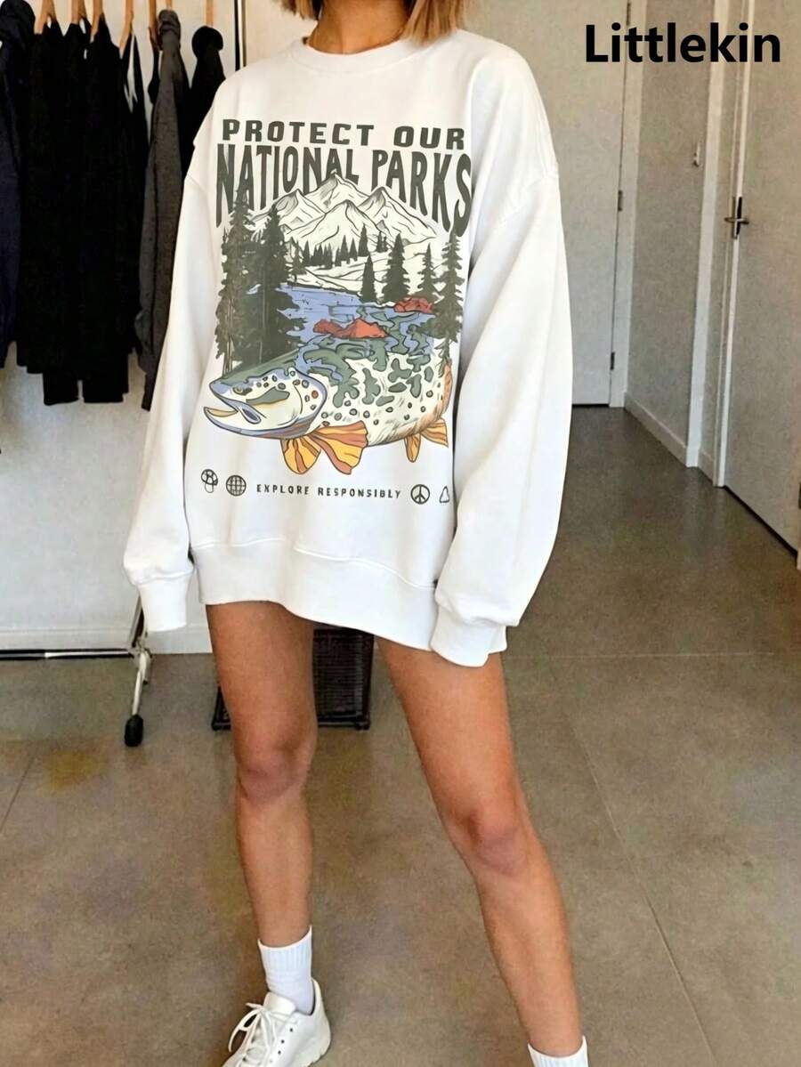 90s National Parks Unisex Sweatshirt Granola Girl Shirt Respect Local Wildlife Pullover Hiking Camping Clothes Wanderlust Shirt - 白色 - 查看 1