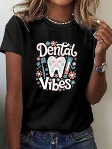 DENTAL VIBES Ilustración Imprimir camiseta, manga corta cuello de tripulación top casual para verano y primavera, ropa de mujer - Negro - Ver 2