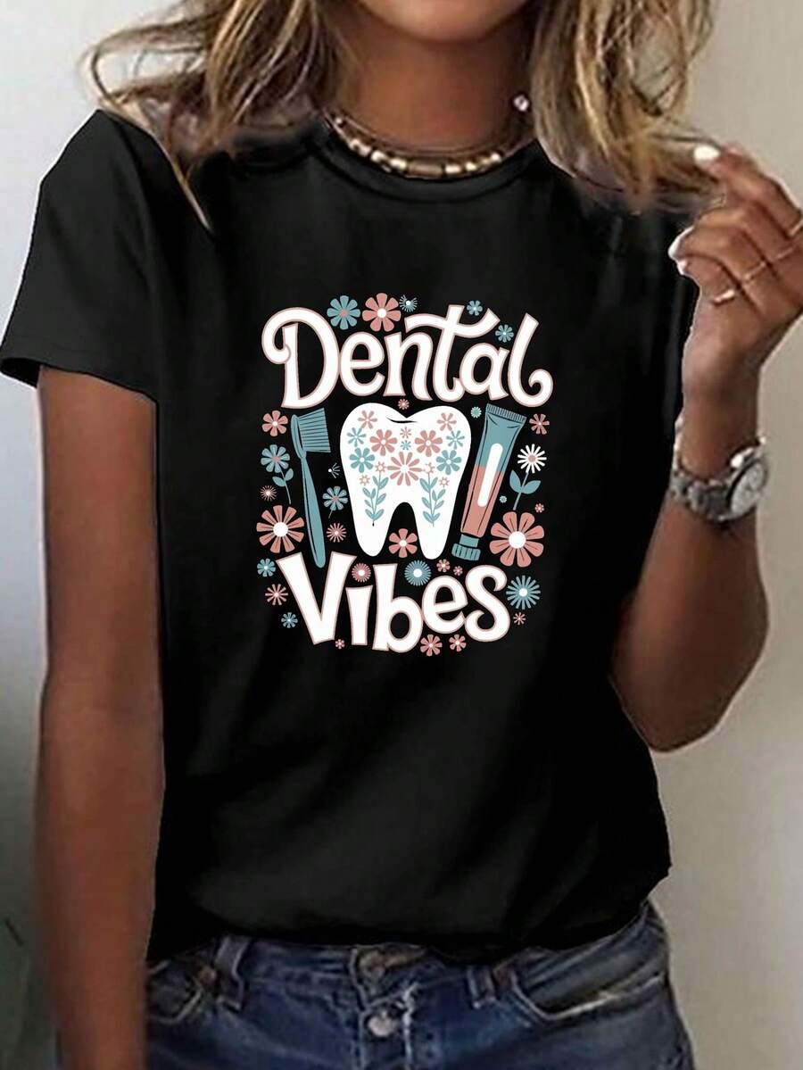 DENTAL VIBES Ilustración Imprimir camiseta, manga corta cuello de tripulación top casual para verano y primavera, ropa de mujer