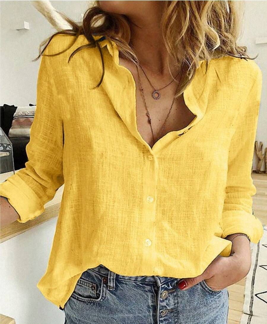 Solid Color Casual Loose Long Sleeve Linen Shirt In Stock, Women Lapel Breathable Cotton Linen Blouse - Màu vàng - Xem 1