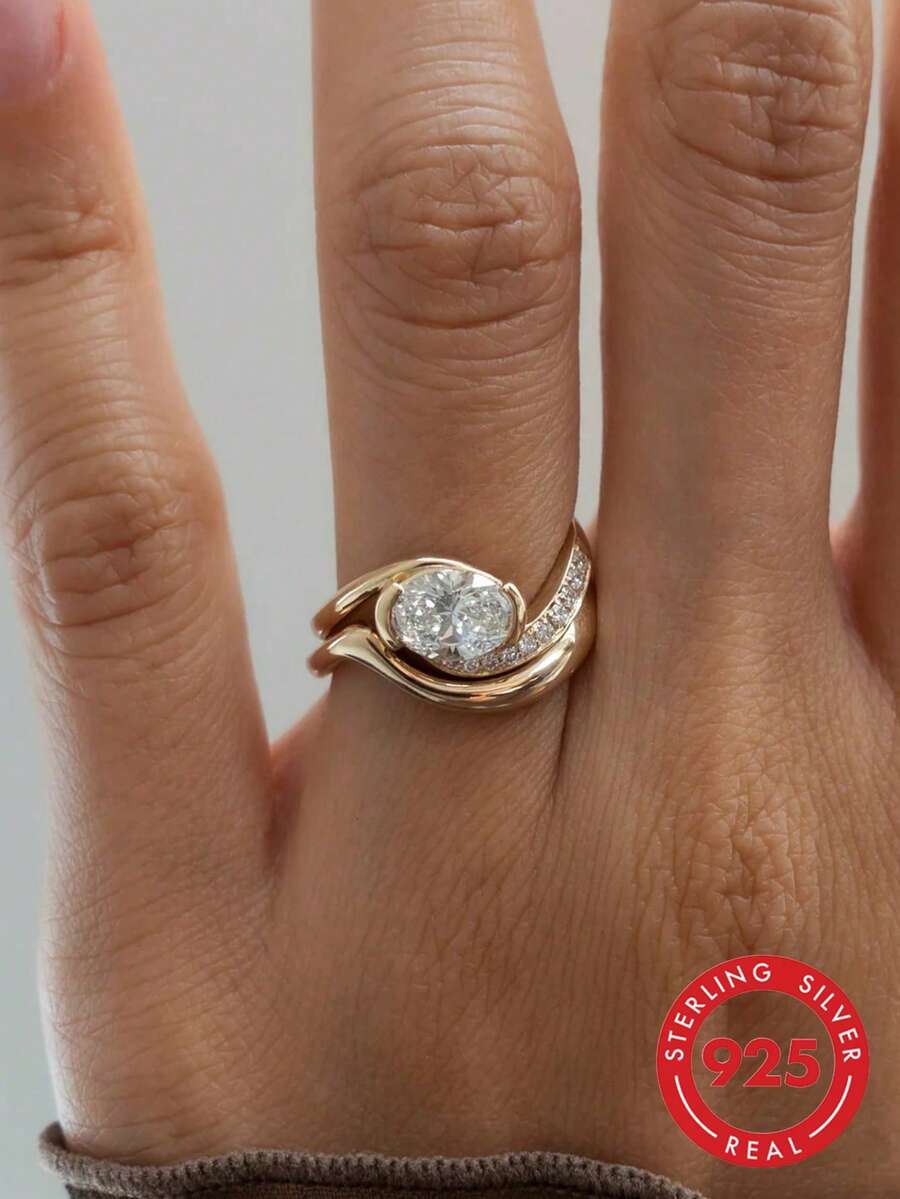 1件/套 925纯银扭臂半圆蛋形戒指，优雅珠宝礼品，适合女士，适合约会、派对、周年纪念日 - 金色 - 查看 1