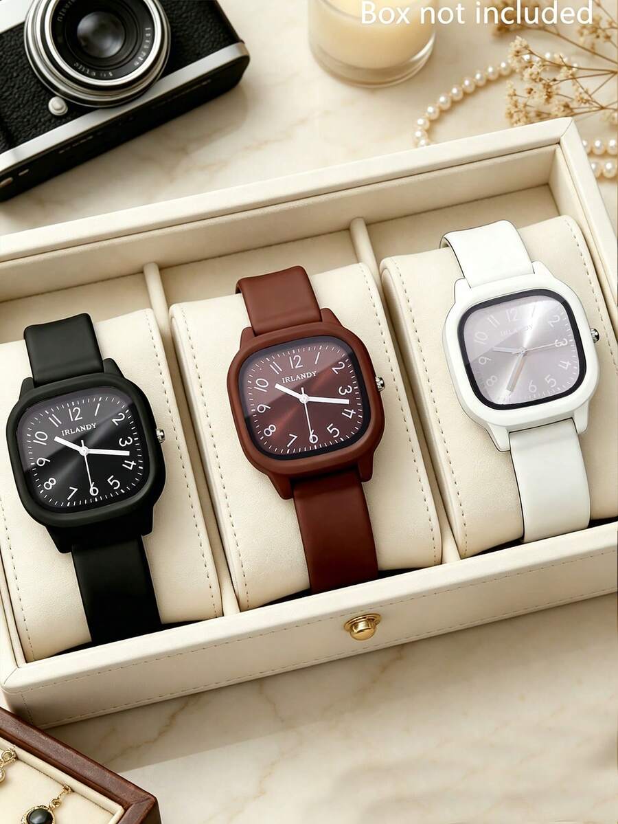 1 Set/1pc Women's Three-Color Square Dial Silicone Quartz Watch Set - Versatile Casual Accessory & Birthday Gift - Multicolor - View 1